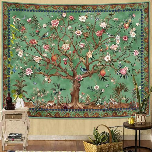 Faxdong Boho-Wandteppich, Baum des Lebens, Vintage-Blumenblätter, Vögel, Pflanze, Tiermuster, Retro-Wandteppich, indisch, böhmisch, ästhetischer Wandbehang, Grün, 91,4 x 121,9 cm