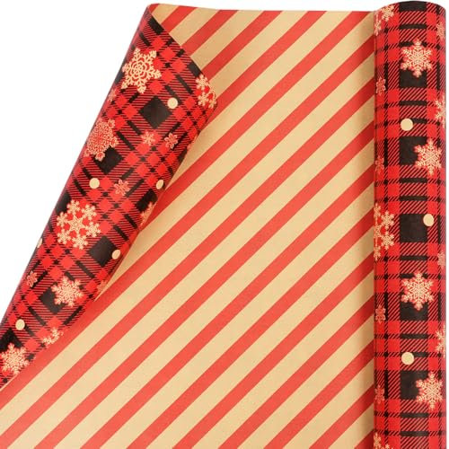 Geschenkpapier Weihnachten Rolle, Wendbares Geschenkpapier Rolle für Kinder und Erwachsene, Rot Braun und Schwarz - Schneeflocke Kariert Geschenkpapierrolle, 43cm x 10m