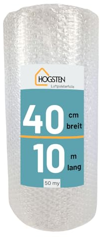 HOGSTEN Luftpolsterfolie Rolle 10m x 40cm - Noppenfolie für Versand, Verpackung und Umzug -100% recycelbar - Bubble Wrap Polstermaterial Verpackungsmaterial 50my (0,4m x 10m)