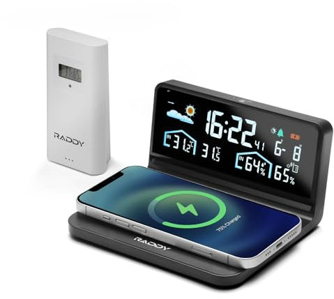 Raddy DT5-W Estación Meteorológica Inalámbrico con Sensor Exterior, Pantalla Color Gran Angular, Carga Inalámbrica QI de 15W, Alarma y Snooze función, Pronóstico del Tiempo, Retroiluminación Ajustable