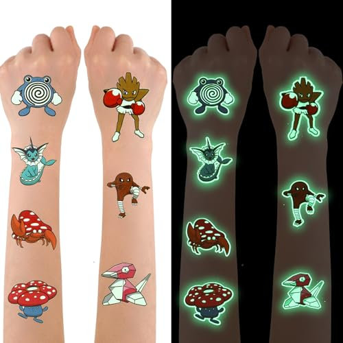 Tattoos (YGBK-4) Tattoo Kinder, 12 Blätter Leucht pokemon Tattoo Set für Mädchen Jungen Leuchtende Tattoo Wasserdicht für Geburtstagsgeschenke Kindergeburtstag