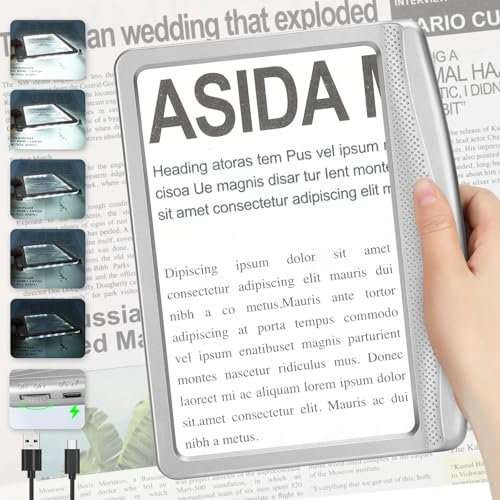 Tobegiga 5X Rechargeable Magnifying Glass for Reading, Full Page Magnifier with Dimmable LED, Lightweight HandHeld Magnifying Glass with Light for Reading Books, Small Print for Seniors, Silver