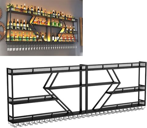Étagère murale en métal pour verres à vin et bouteilles d'alcool, étagère flottante éclairée, étagère à whisky pour maison, bar, cuisine, salle à manger, doré
