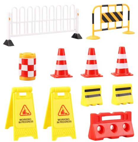 AVRUYPI 11 Teilig Wichtel Zubehö, Straßensperrenszene, Isolationsgeländer, Zaun, Iron Horse Leitplanke, Warnschild, Straßenpfahl, Isolationspfeiler, Antikollisionseimer, Mini-Straßenzubehör