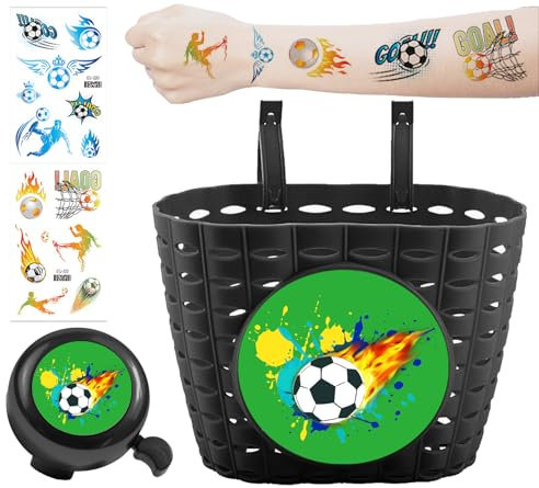 XIEXIESHER Fahrradkorb Kinder Fußball, Geflochten, Vorne, mit Klingel, Quasten, Aufkleber, für 12-14 Zoll Kinderfahrräder, Kunststoff, 5 kg Tragfähigkeit