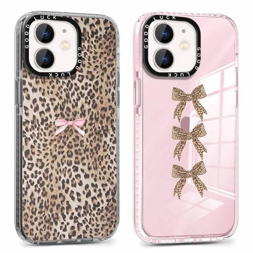 RUMDEY 2 Pack Cute Cheetah Print Phone Case for iPhone 11 Pink Bow Case 6.1, Clear Coquette Fashion Luxury Leopard Pattern Design Girls Women Funda Shockproof Soft TPU Protection Cover
