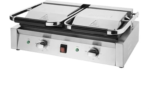 Buffalo Bistro Double Contact Grill with Ribbed Plates, 3.6kW | Dual temperature controls allow cooking different foods at the same time, accelerating high-volume service.