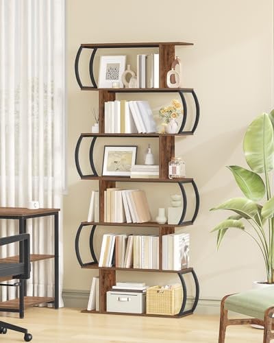 Hzuaneri Libreria a 6 Ripiani, Libreria a Forma di S,Capiente Mobiletto,Scaffale Moderno Soggiorno, Scaffale Divisoria Ambiente, per Soggiorno e Ufficio, 24 x 70 x 176,5 cm, Marrone Rustico, BC16001B