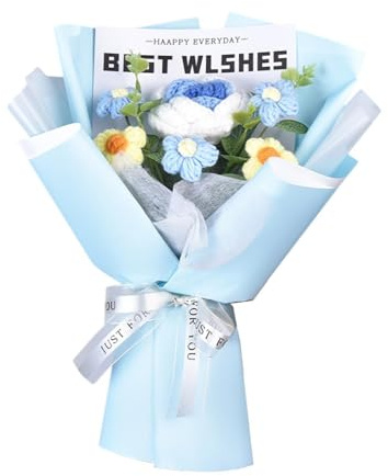 Qianly Häkeln Sie Blumenstrauß Dekoration Künstliche Blumen Gestrickten Blumenstrauß für Silvester Party, Blaue Rose