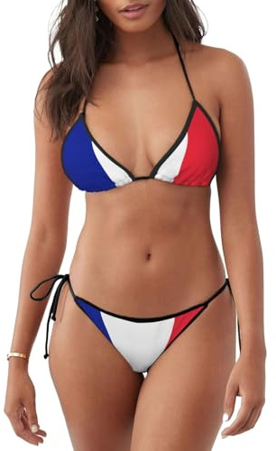 Maillot de bain deux pièces pour femme avec imprimé drapeau français - Maillot de bain sexy avec string triangle