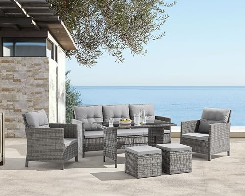EVRE Havana 7 Seater Rattan Garden Furniture Patio Dining Set, 3 Seater Sofa 2 Armchairs 2 Ottoman Stools, High Table Glass Top, Thick Cushions, Wicker Rattan Garden Furniture Set Outdoor (Grey)