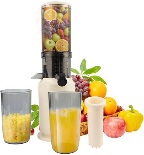 Exprimidor lento, exprimidor de verduras y frutas con orificio grande de 82 mm para zumos de frutas enteras, fácil instalación, fácil de limpiar, 100% libre de BPA, con 2 vasos y cepillo