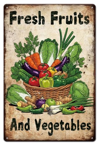 GLOBLELAND Obst Und Gemüse Metall Blechschild 8x12 Zoll „Frisches Obst Und Gemüse“ Vintage Malerei Blechschilder Wandplakat Plakette Für Küchenwanddekoration Bauernmarktstand Essbereich Hausgarten