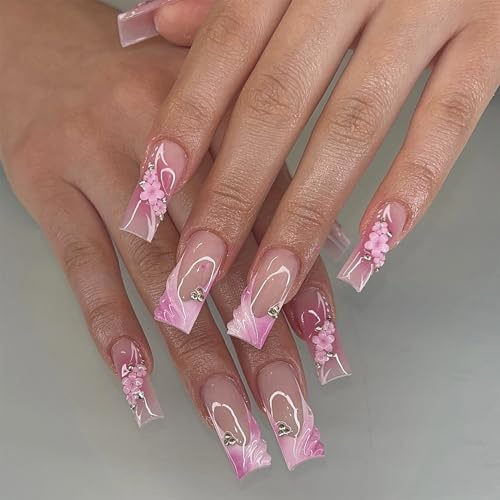 Press On Nails, 3D Blumen Falsche Nägel Lange Quadratische, 24 Stück Künstliche Fingernägel mit Rosa Acryl Design, Pink Fake Nails, Supremely Fit & Glossy Nägel zum Aufkleben, Vollständige Abdeckung