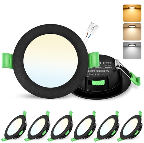 GeyouLux Einbaustrahler LED 230V Dimmbar, 65-75mm Lochmaß LED Spots 6er Set | 7W 700LM Einbauleuchten, IP44 2700K/4000K/6500K Deckenspots, Extra Flach Einbauspots für Badezimmer Küche Wohnzimmer, Schwarz