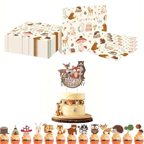 34 Stück Waldtiere Geburtstag Deko, Servietten für Kindergeburtstag | 14 Stück Kuchen Topper mit 20 Stück Servietten, Birthday Decorations für Party, DIY Dekoration, Wald-Mottoparty