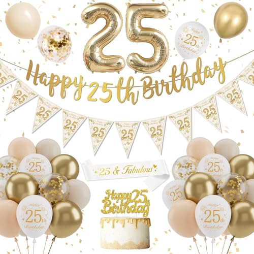 Deko 25. Geburtstag Frau Mann, Luftballon 25. Sand Weiß Gold, Geburtstagsdeko 25 Jahr, Banner Deko Konfetti Ballon Geburtstag Tortendeko für Party Dekoration
