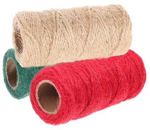 Baluue 3Pcs Christmas Jute Twine Set 1.5Mm Colored Decorative Rope for Crafts Packaging Garden Use with Red, Dark Green, Natural Colors