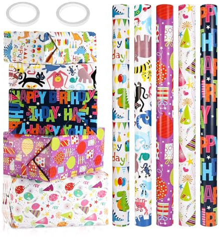 Rlssaki 5 Stück Geschenkpapier Rolle, Weihnachtsgeschenkpapier Kinder, Geschenkspapier mit Niedlichen Mustern, Kraftpapier Geschenpapierm für Weihnachten, Geburtstag, Hochzeit, Partys (43cm x 3m)