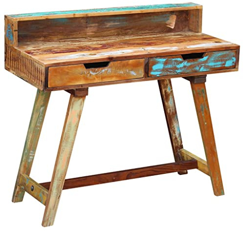 Owoxanthellate Altholz Schreibtisch 100x45x90 cm Vintage Computertisch mit 2 Schubladen, handgefertigtes Massivholz, Mehrfarbig, robuster Home-Office-Bürotisch für Wohn- und Arbeitszimmer