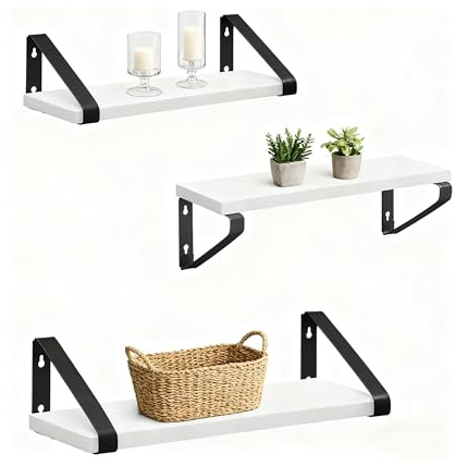 Relaxdays Wandregal, 3er Set, 3 Größen: 30, 35, 40 cm Breite, Holzoptik & Metall, Wandbretter für Bücher & Deko, weiß