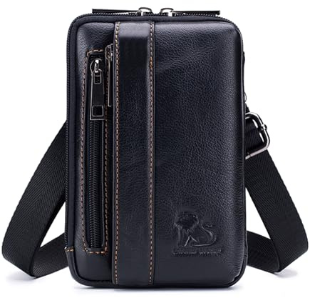 Pundarika Leder Gürteltasche Herren, Handytasche mit Schultergurt-Schwarz | Kompakte Herrentasche, mehrere Reißverschlussfächer, Schultergurt und Gürtelbefestigung, für Handy, Geldbörse und Schlüssel