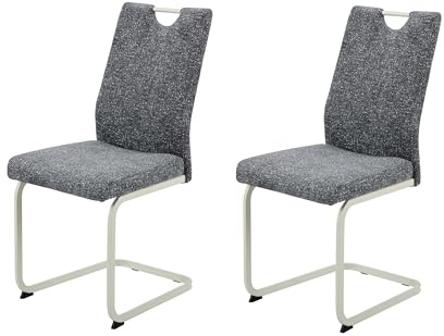 Hela Tische, 2er Set Freischwinger, Küchenstuhl Tivoli, Bezug Webstoff Grau Boucleòptik, Vierkant-Gestell Perlweiß, ergonomische Lehne mit Griff, 140kg belastbar