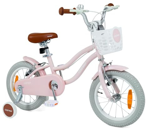 COSTWAY Kinderfahrrad mit Korb & Klingel, 14 Zoll Mädchenfahrrad mit höhenverstellbarem Sattel & Lenker, Fahrrad mit Doppelbremsen, abnehmbaren Stützrädern für 3-5 Jahren Mädchen (Rosa,14 Zoll)