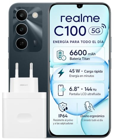 realme C100 5G Smartphone 4+128 GB, 6,8 Pantalla 144 Hz, Cámara AI 50MP, Batería 6600mAh, Carga Rápida 45W, Android 16 Móvil, Dual SIM, NFC, Verde, Versión EU
