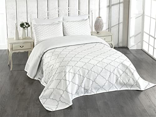 ABAKUHAUS Grau Tagesdecke Set, Monochrome-Damast-Muster, Set mit Kissenbezügen Kein verblassen, für Doppelbetten 220 x 220 cm, Weiß Grau