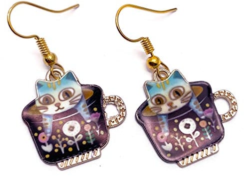 Kitty Cat Earrings, Kitten in a Teacup Enamel Charm Beads on Nickel Free Gold Tone Hooks : 38mm long, Animal Jewellery, Pet Lover Gift for Women, Cat Drop Earrings