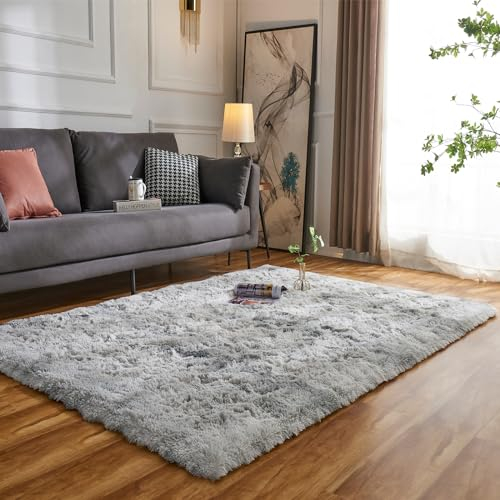 Evitany Teppich Wohnzimmer,Hochflor Flauschig Waschbarer Teppich Schlafzimmer,Anti-Rutsch Kleiner Bettvorleger Schlafzimmer(Hellgrau, 80x120 cm)