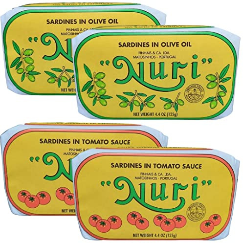 NURI Portugiesische Sardinen-Sortimentspackung | 4 Stück | je zwei Stück | Olivenöl | Tomaten- und Olivenöl