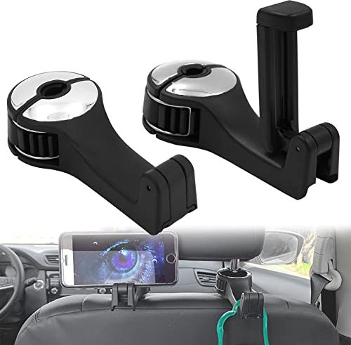 DENUOTOP Heckhaken für Autositze 2 Stück,2-in-1 Kopfstützenhalterung Auto Haken mit Handyhalterung,für Autositze, Kopfstützen Haken Autositz Taschenhalter Tragbare Organizer Kleiderbügel Haken