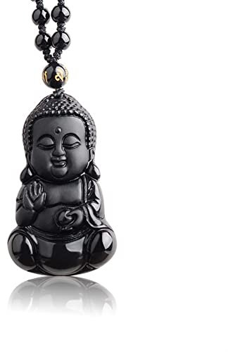 JIAZIB Charm-Halskette, Geburtstag, natürlicher Obsidian, Buddha-Statue, Anhänger, Perlenkette for ihren Jahrestag (Color : Black Bead Necklace)