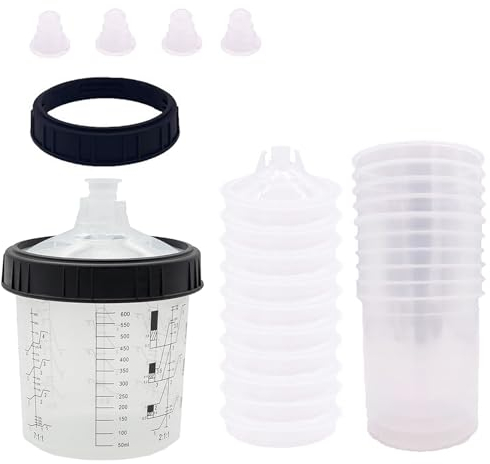 600ml Disposable Paint Spray Gun Cup for Automotive Paint Gun, HVLP Paint Spray Paint Gun, 10 Pack Standard Size 20 Ounce Kit Paint Mixing Cups - 10 Cup Liners, 10 Lids with Strainer, 1 Hard Cup