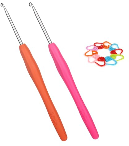 Coopay Häkelnadeln 3,0 mm und 3,5 mm, 2 Stück Metall Häkelnadel mit Maschenmarkierer, Ergonomische Häkelnadel mit Weichen Griff für Arthritische Hände, Bunt TPR Griff Häkelnadel 3 3,5 mm für Anfänger