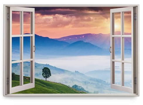 Paul Sinus Wandbild 120x80cm Fensterbild Berge Nebel Sonnenuntergang Tal Natur