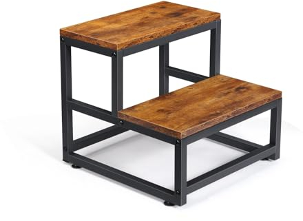 LIANTRAL Tritthocker für Erwachsene Kinder, 2-Stufen Tritthocker, Heavy Duty Stahl und Stabiler hölzerner Hocker, Tragfähigkeit bis zu 220KG, Tritthocker für Bett, Küche, Bad, Retro Braun und Schwarz
