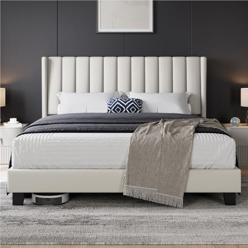 Yaheetech Lit Double Rembourré 160x200 cm avec Sommier à Lattes, Cadre de Lits Moderne pour Adultes 2 Personnes, Tête de Lit à Rayures, Lit en Bois et Métal, Beige