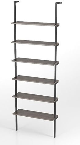 RELAX4LIFE Libreria a Parete a 6 Ripiani, Scaffale a Scala Industriale con Telaio in Metallo e Dispositivi Antiribaltamento, Mensola Espositiva Moderna per Soggiorno, Camera da Letto, Cucina (GRIGIO)