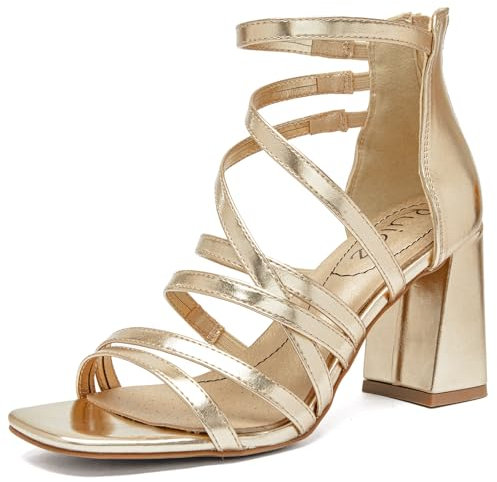 Ruiee Women's Heels Chunky Heeled Sandals - Dressy Pump Block Heels Ankle Strap Square Open Toe Wedding Party High Heeled Sandals for Women.2408094 Gold PU Size5.5