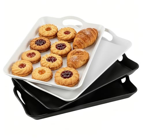CHEUKYIU Juego de 4 Bandejas de Plástico Negro y Blanco, 42x29x4 cm, para Servir Aperitivos, Cocina, Fiesta y Desayuno