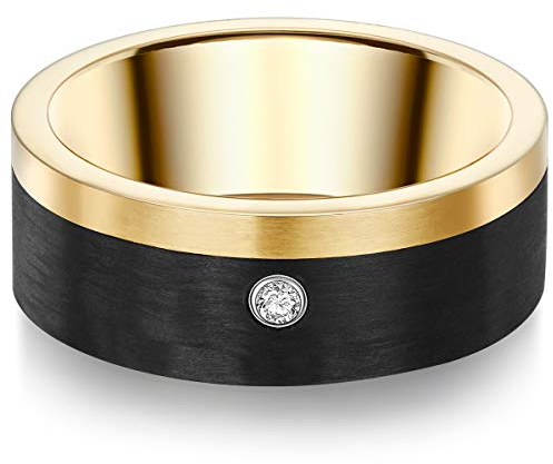 Trilani Damen-Ring Edelstahl gelbvergoldet Zirkonia weiß Brillantschliff - Edelstahlring vergoldet Carbon Verlobunsgring Ehering Partnerring