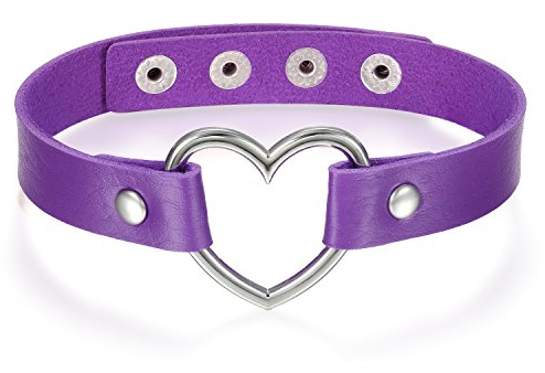 JewelryWe Schmuck Damen Choker Halsband Halskette, Leder Legierung 33-40cm Erstellbare Punk Lolita Herz Collier Kette, Lila Silber