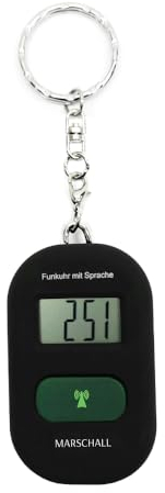Marschall Schlüsselanhänger Deutsch sprechende Funkuhr I 1117S I Umhängeuhr Schwarz I Extra Laute Sprachausgabe I Großes LCD Display I Perfekt für Senioren, Blinde und Demenzkranke