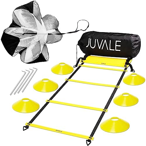 Juvale Schnelligkeit- und Beweglichkeits-Trainingsset inklusive 6-Meter-Koordinationsleiter, 6 Scheibenkegel, Widerstandsschirm und 4 Stahlstangen mit Tragetasche, Schwarz, gelb