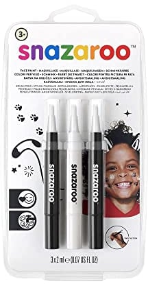 Snazaroo Set de 3 Rotuladores de Maquillaje, color blanco y negro (x2), para niños y adultos, base de agua, maquillaje pintacaras, aguacolor
