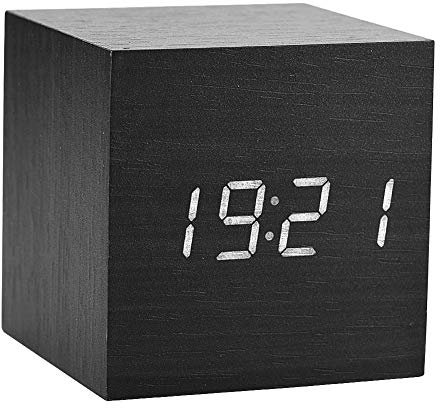 Zerone LED Digital Wecker, hölzerne Uhr für Schlafzimmer Moderne hölzerne Würfel Uhr 3 Niveaus Helligkeits Temperatur Anzeige mit Sprachsteuerung(Schwarz)