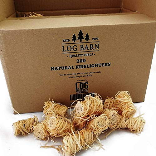Log Barn Encendedores Naturales - Caja de 200, Pastillas de Encendido para Barbacoa, Estufas de Leña, Hornos de Pizza, Chimeneas, Lana de Madera para Encender Fuego - Auténtica Leña Log Barn